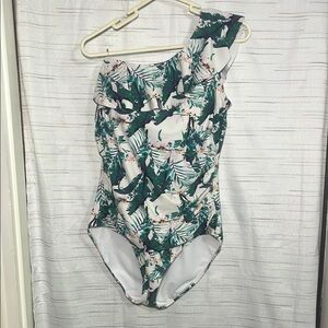 Tropical Leaf Print One Shoulder Swimsuit